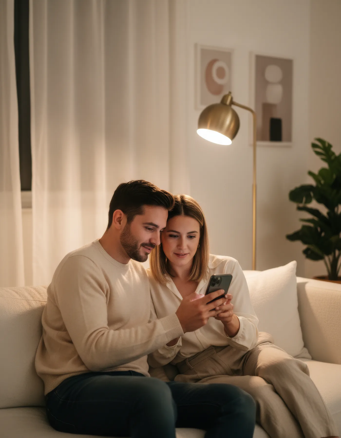 Para wieczorem na kanapie przegląda oferty sal na telefonie